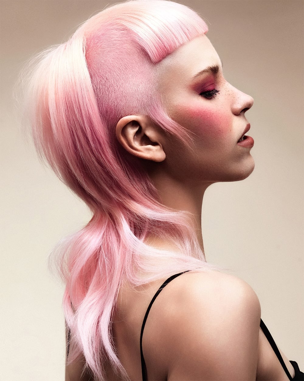 Collarbone Undercut With Blunt Micro Bangs Collarbone Undercut With Blunt Micro Bangs — Aesthetic Pastel Pink Hair