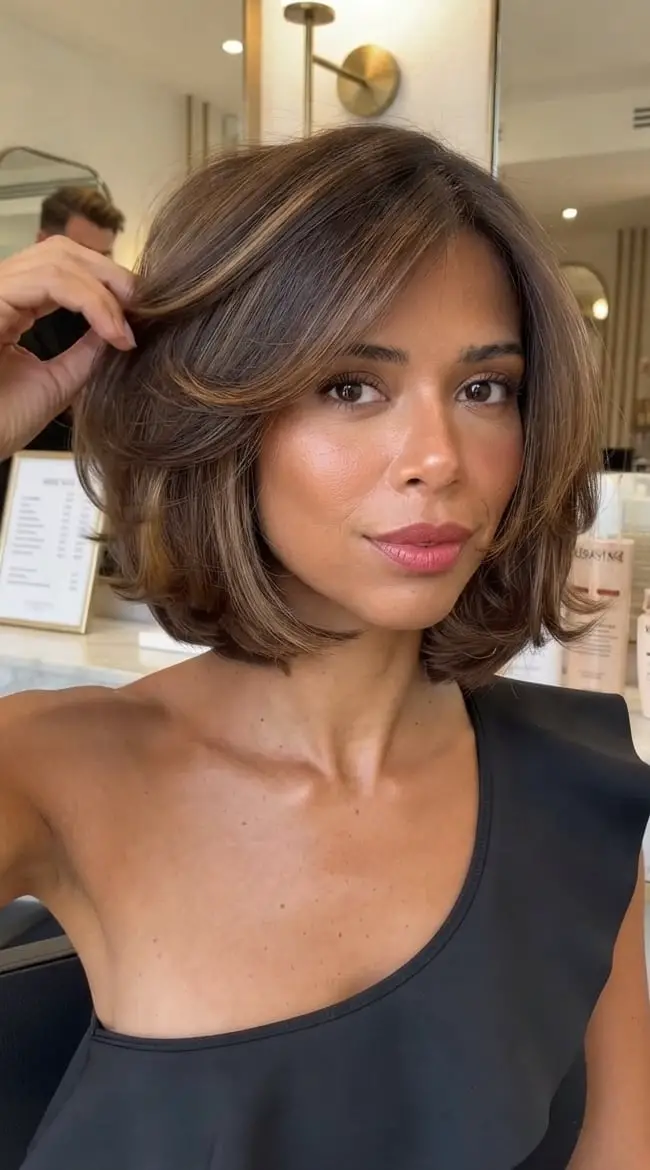 Layered Collarbone Bob With Caramel Highlights Layered Collarbone Bob With Caramel Highlights — Aesthetic Short Hair Bob