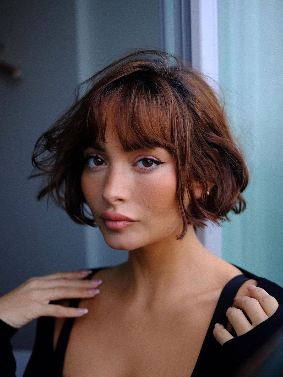Chin Length Auburn Bob With Full Bangs Chin Length Auburn Bob With Full Bangs — Aesthetic Short Hair Bob