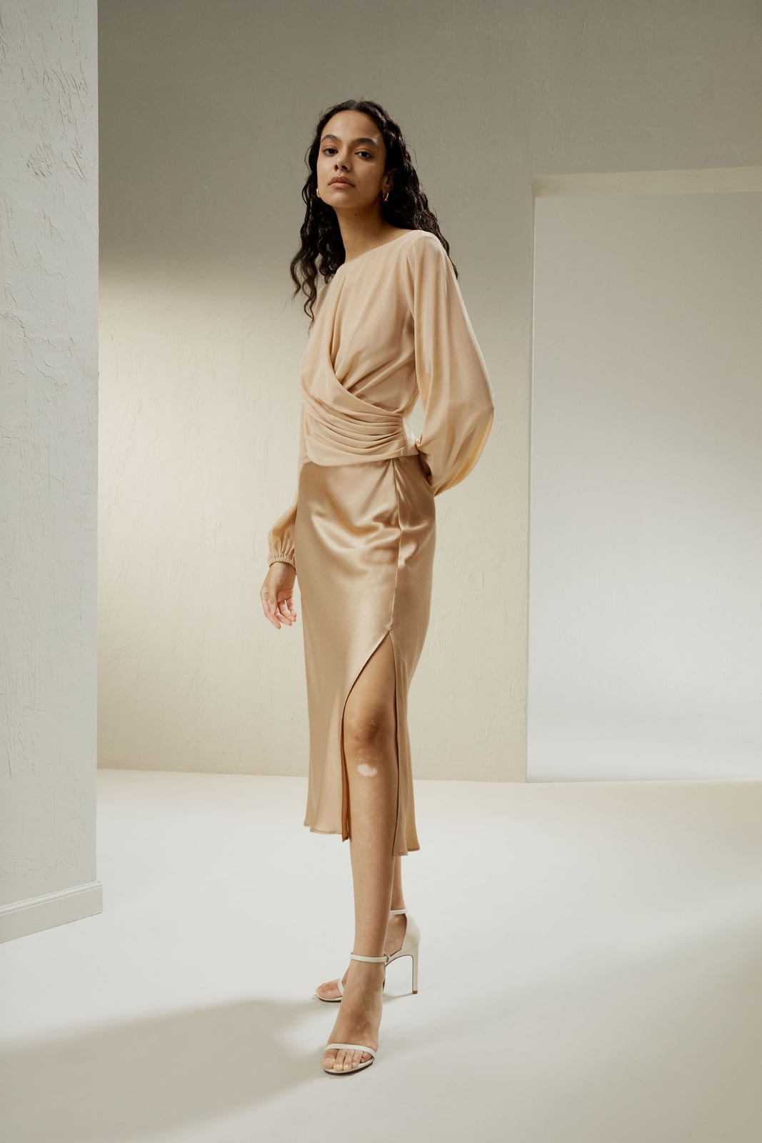 Elegant Champagne Silk Midi Skirt Elegant Champagne Silk Midi Skirt — Aesthetic Skirt Outfits