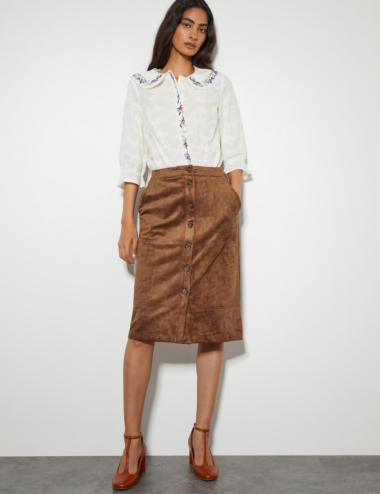 Brown Suede A-line Midi Skirt with Blouse Brown Suede A-line Midi Skirt with Blouse — Aesthetic Skirt Outfits