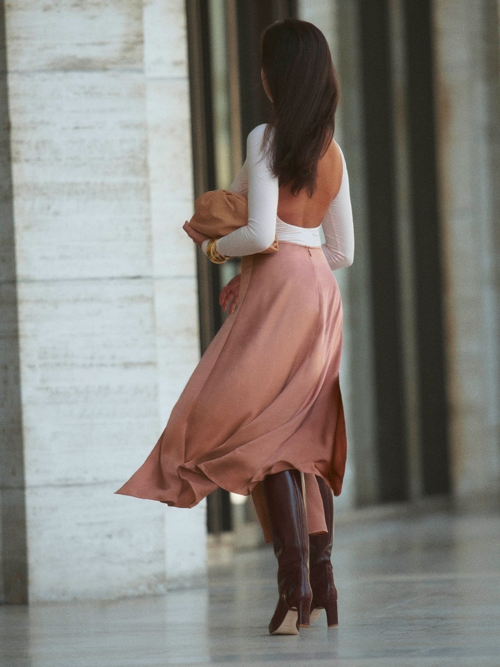Elegant Blush Pink Satin Skirt with Open-Back Top Elegant Blush Pink Satin Skirt with Open-Back Top — Aesthetic Skirt Outfits