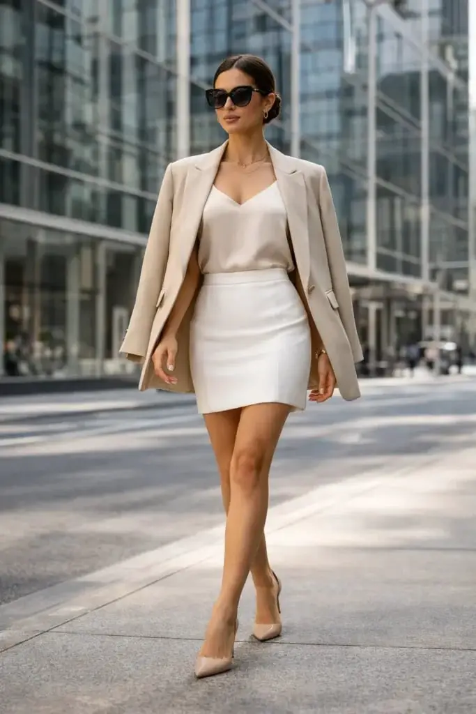 Chic White Leather Mini Skirt with Blazer Chic White Leather Mini Skirt with Blazer — Aesthetic Skirt Outfits