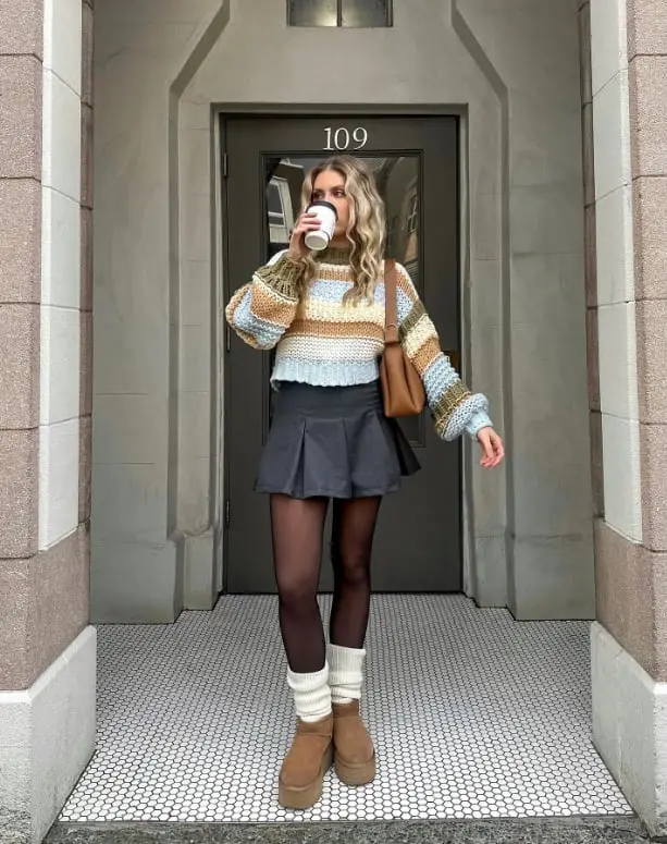 Gray Mini Skirt with Chunky Knit and Leg Warmers Gray Mini Skirt with Chunky Knit and Leg Warmers — Aesthetic Skirt Outfits