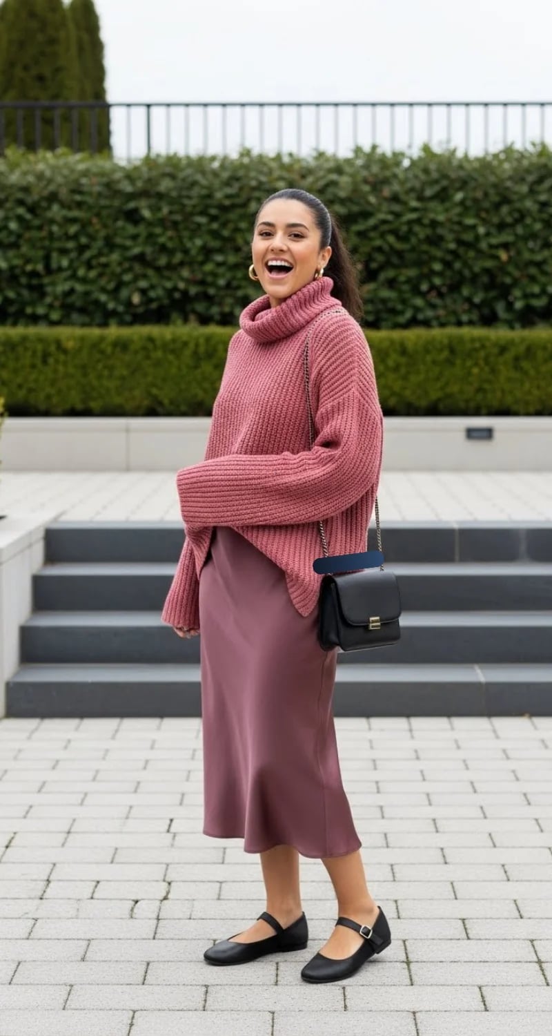 Mauve Satin Midi Skirt with Oversized Sweater Mauve Satin Midi Skirt with Oversized Sweater — Aesthetic Skirt Outfits