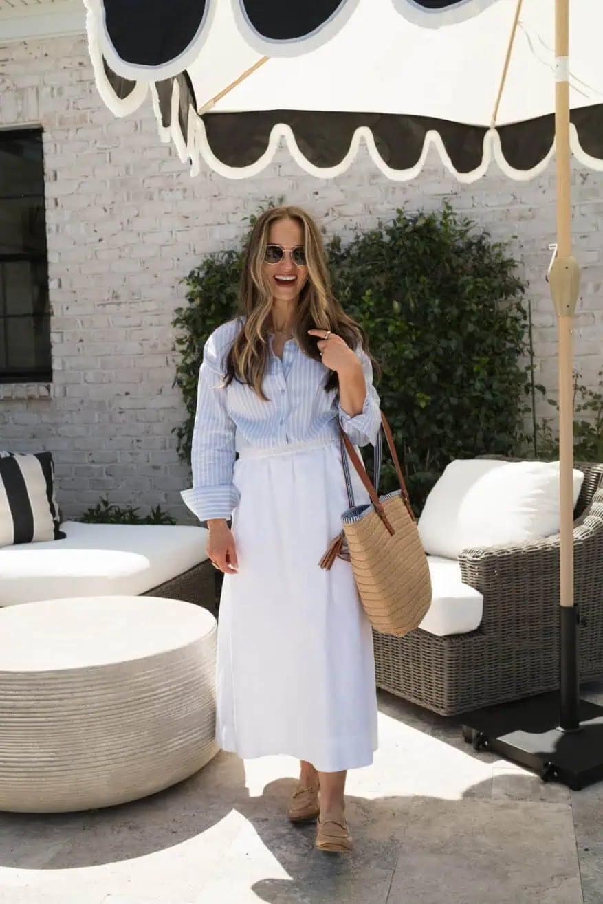 White Linen Maxi Skirt with Striped Button-Down White Linen Maxi Skirt with Striped Button-Down — Aesthetic Skirt Outfits