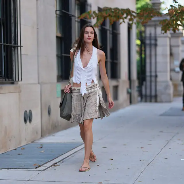 Ruffled Beige Linen A-line Skirt with Sleeveless Top Ruffled Beige Linen A-line Skirt with Sleeveless Top — Aesthetic Skirt Outfits