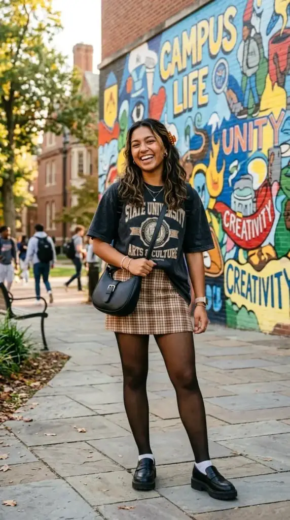 Plaid Mini Skirt with Graphic T-Shirt and Loafers Plaid Mini Skirt with Graphic T-Shirt and Loafers — Aesthetic Skirt Outfits