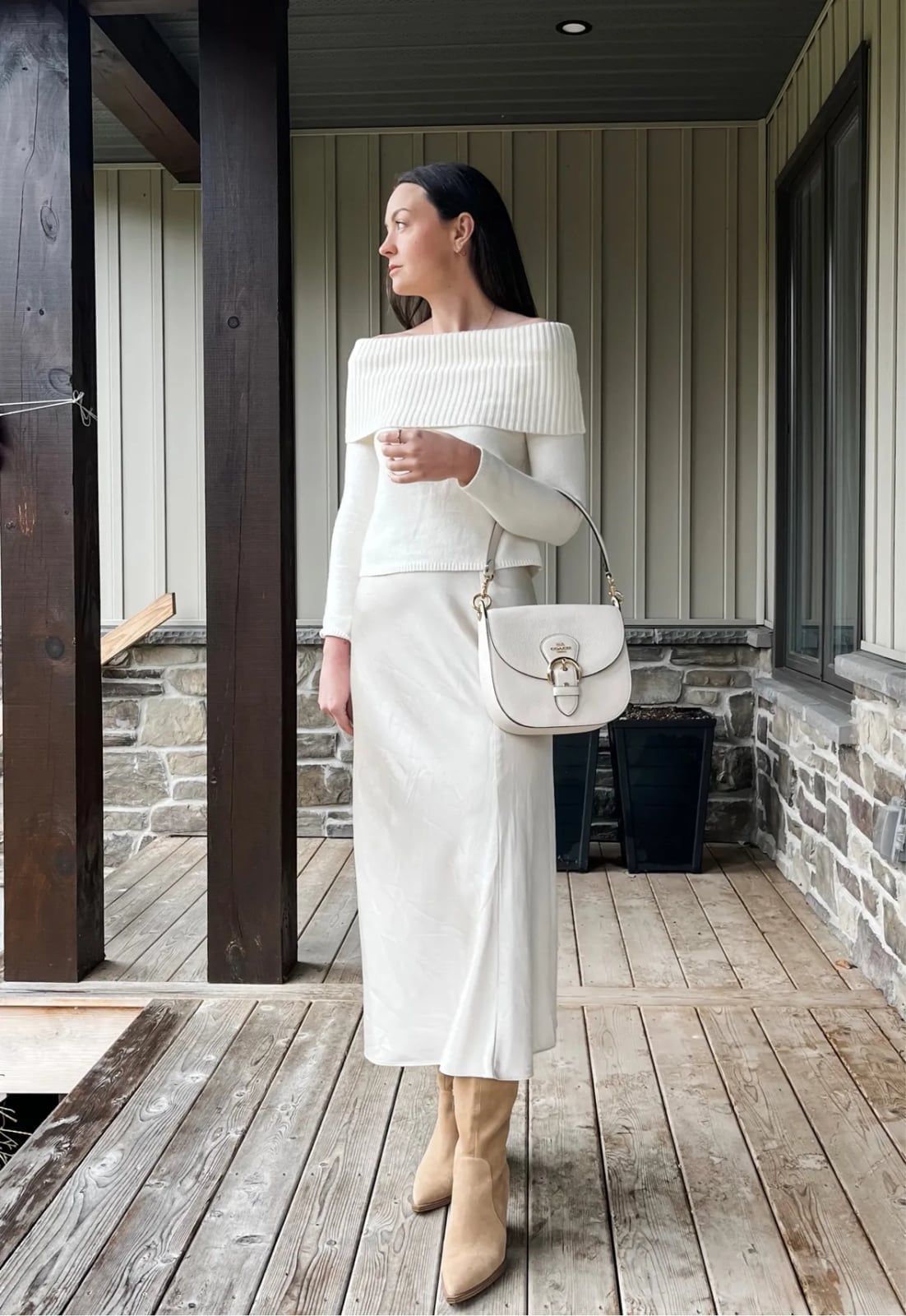 Effortless White Satin Slip Skirt with Knit Sweater Effortless White Satin Slip Skirt with Knit Sweater — Aesthetic Skirt Outfits