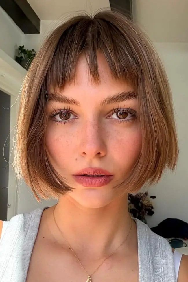 Chin-Length Bob With Wispy Bangs And Caramel Brown — Aesthetic Thin Hair
