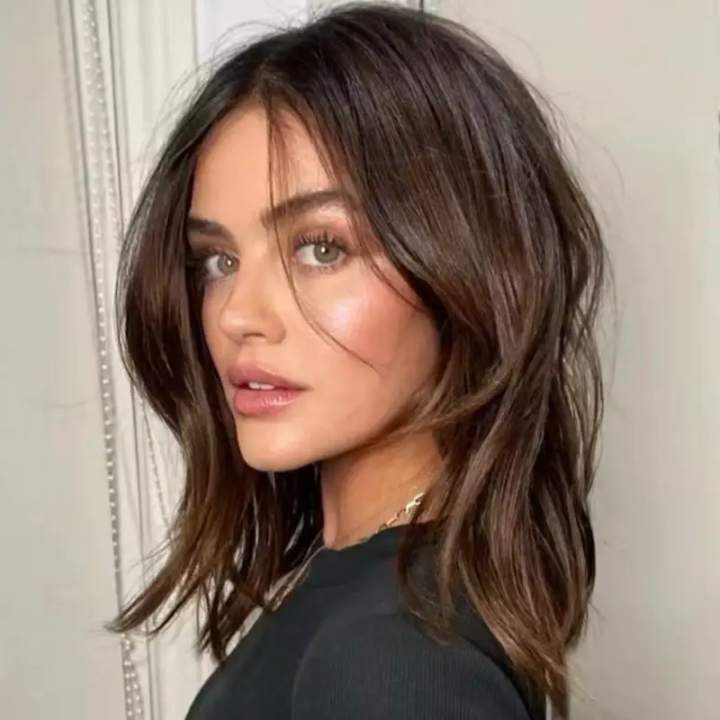 Dark Brown Lob With Soft Waves And Curtain Bangs — Aesthetic Thin Hair