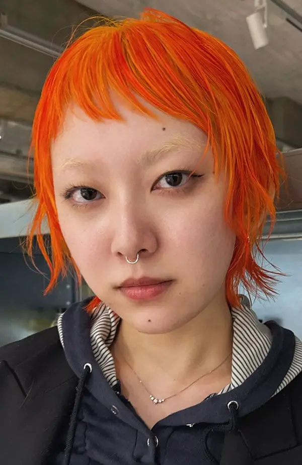 Neon Orange Short Shag With Micro Bangs — Aesthetic Thin Hair