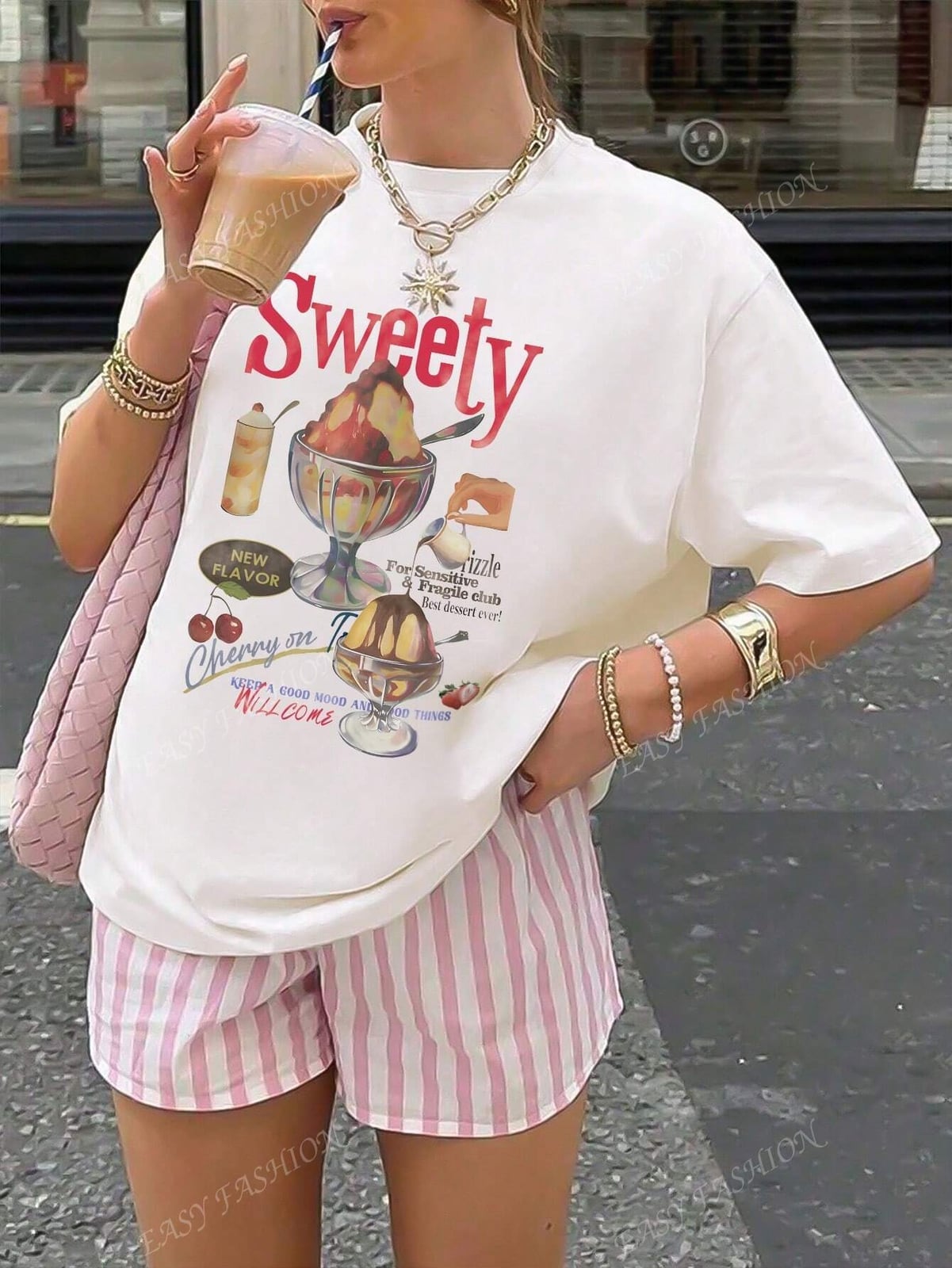 Cream Oversized Graphic T-Shirt with Striped Shorts, Cotton Cream Oversized Graphic T-Shirt with Striped Shorts, Cotton — Aesthetic Tshirt Outfit