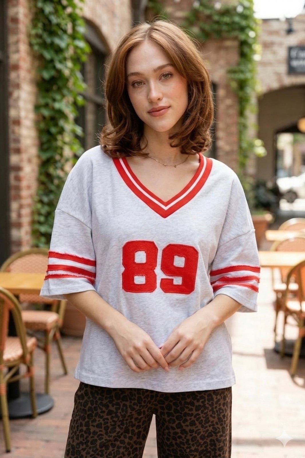 Gray Varsity T-Shirt with Red Trim and '89' Graphic Gray Varsity T-Shirt with Red Trim and '89' Graphic — Aesthetic Tshirt Outfit