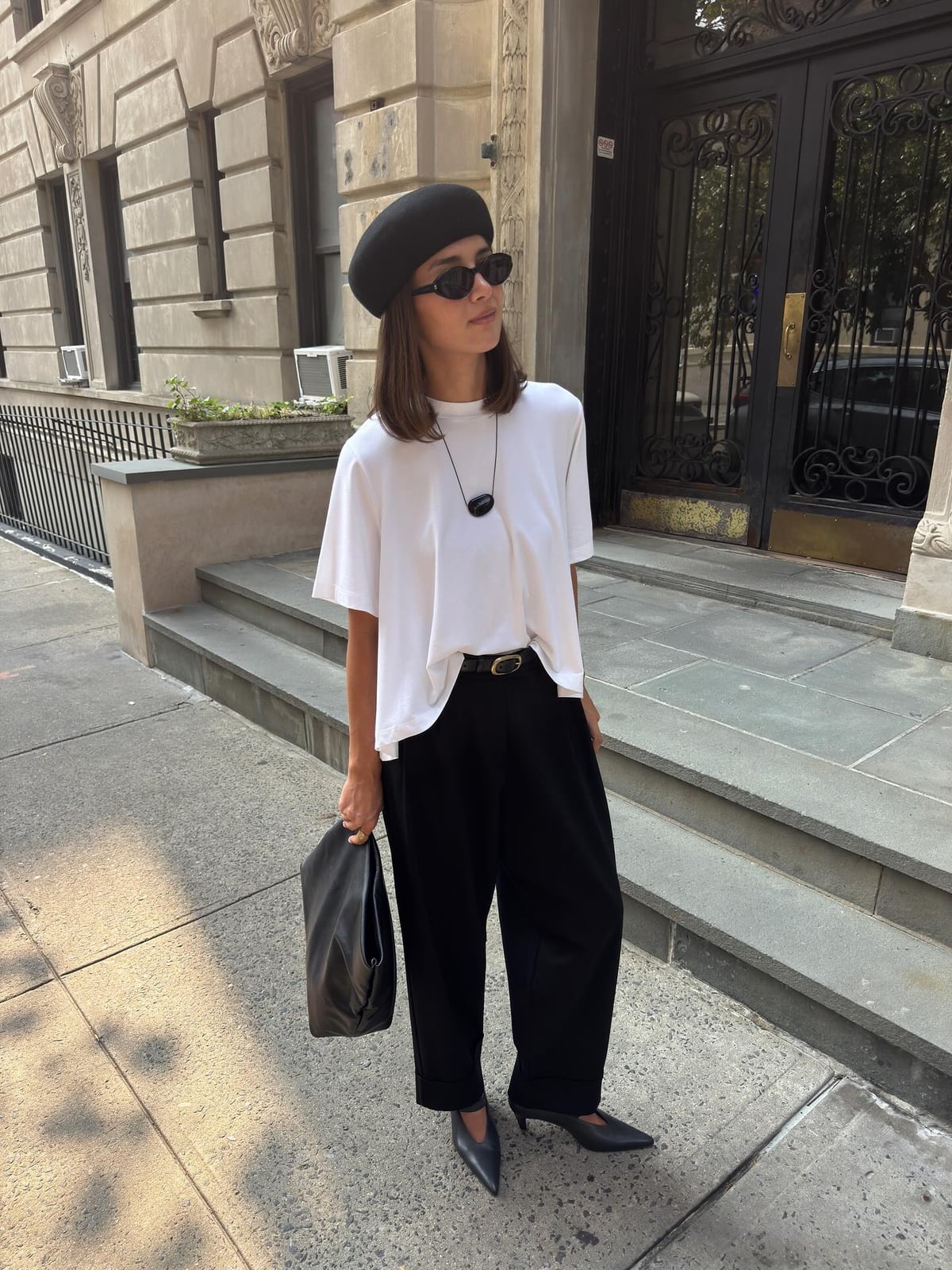 Oversized White T-Shirt Tucked into Black Wide-Leg Trousers — Aesthetic Tshirt Outfit
