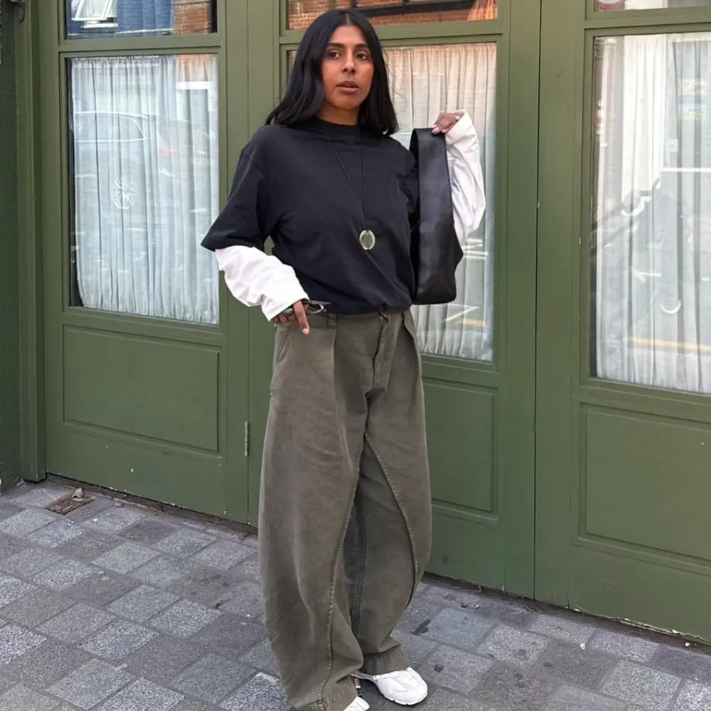 Black T-Shirt Layered Over White Long-Sleeve Shirt with Olive Green — Aesthetic Tshirt Outfit