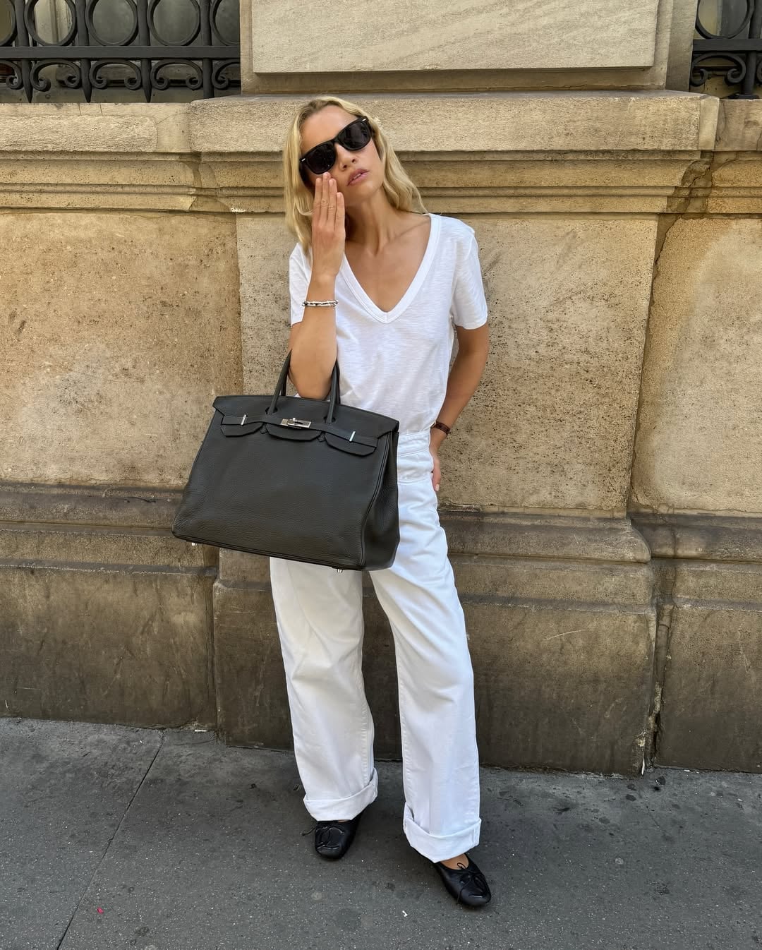 White V-Neck T-Shirt and White Wide-Leg Trousers — Aesthetic Tshirt Outfit