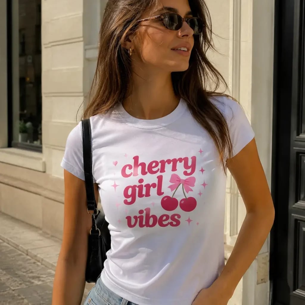 Fitted White T-Shirt with 'cherry Girl Vibes' Graphic Fitted White T-Shirt with 'cherry Girl Vibes' Graphic — Aesthetic Tshirt Outfit