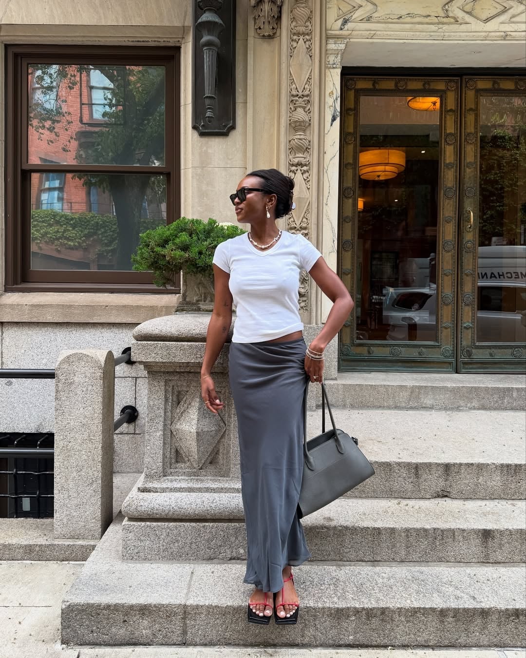White Crew-Neck T-Shirt with Long Gray Silk Skirt White Crew-Neck T-Shirt with Long Gray Silk Skirt — Aesthetic Tshirt Outfit