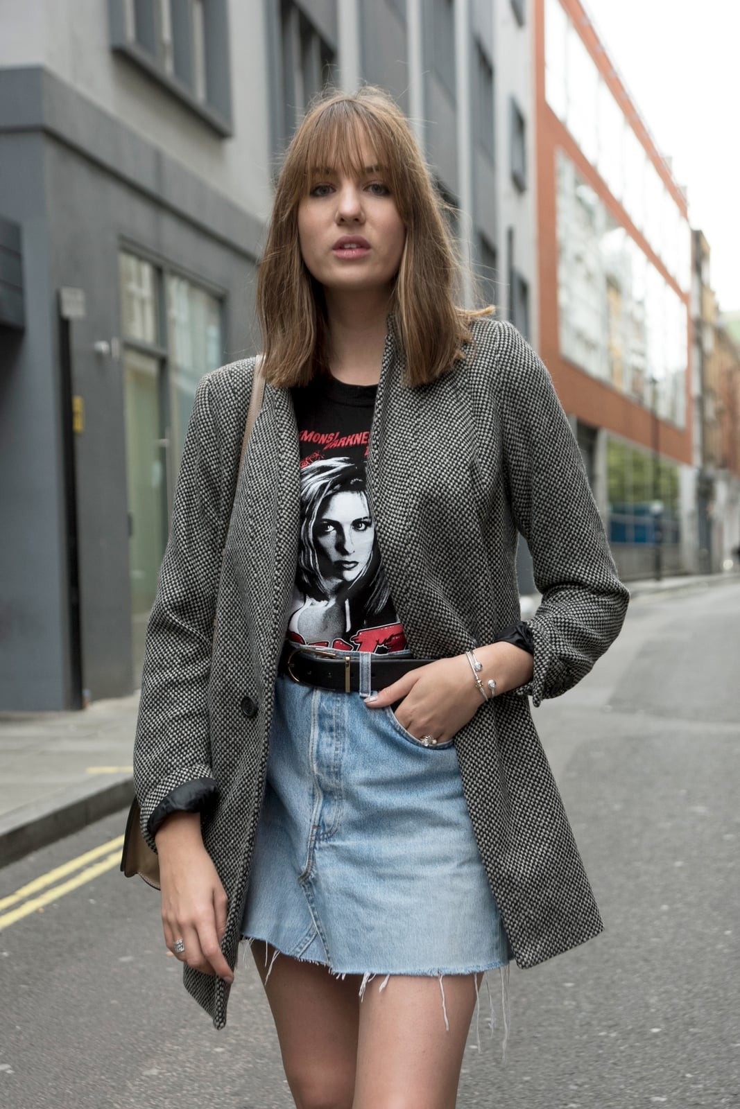 Graphic T-Shirt with Patterned Blazer and Denim Skirt Graphic T-Shirt with Patterned Blazer and Denim Skirt — Aesthetic Tshirt Outfit