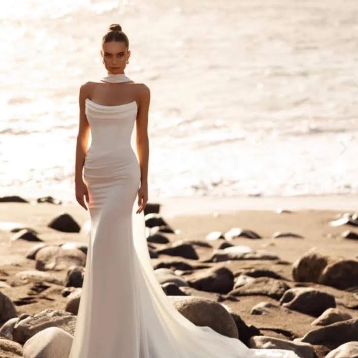 White Satin Sheath Wedding Dress with Draped Sheer Neckline White Satin Sheath Wedding Dress with Draped Sheer Neckline — Aesthetic Wedding Dress