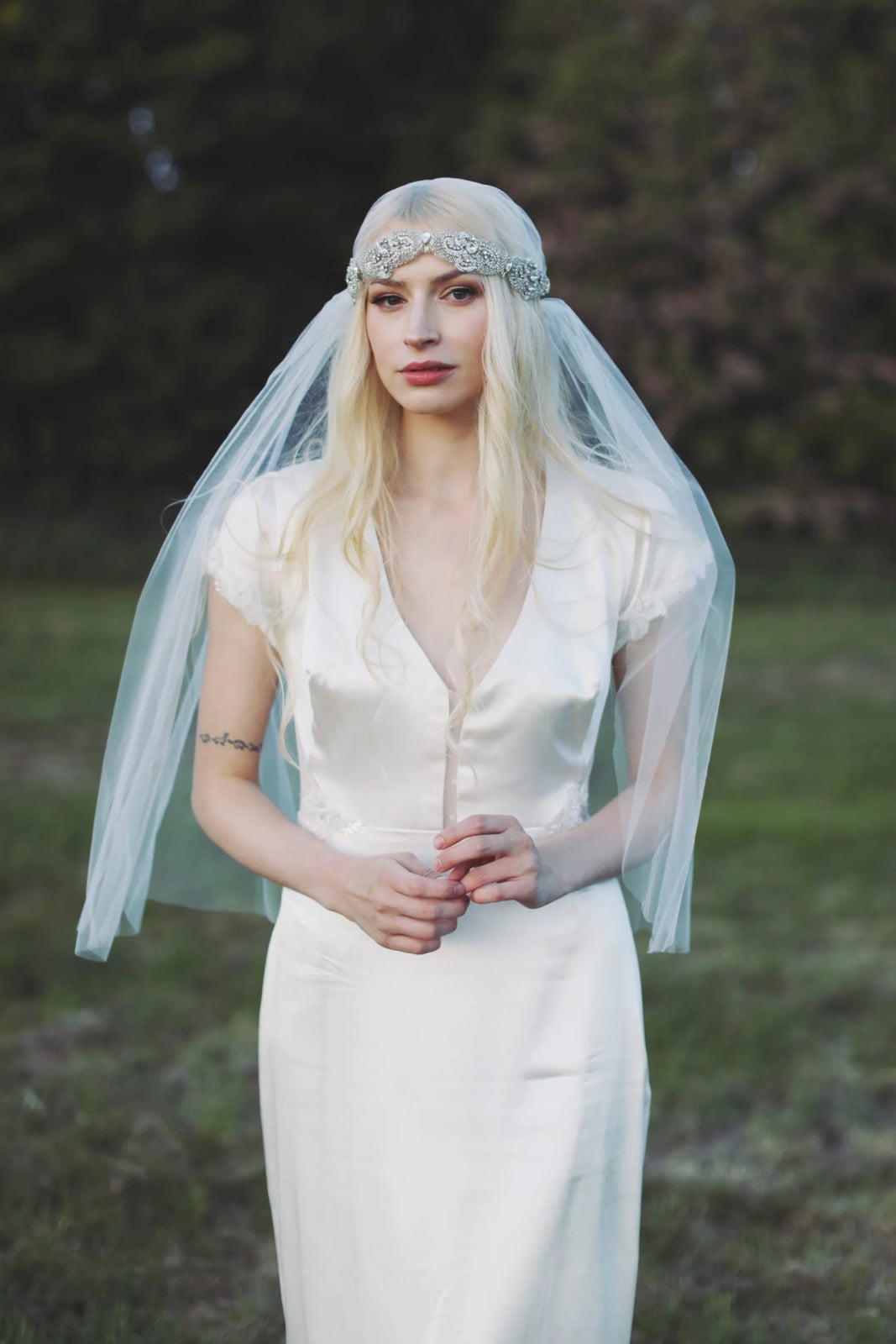 Ivory Satin Column Dress with Beaded Headband and Sheer Veil Ivory Satin Column Dress with Beaded Headband and Sheer Veil — Aesthetic Wedding Dress