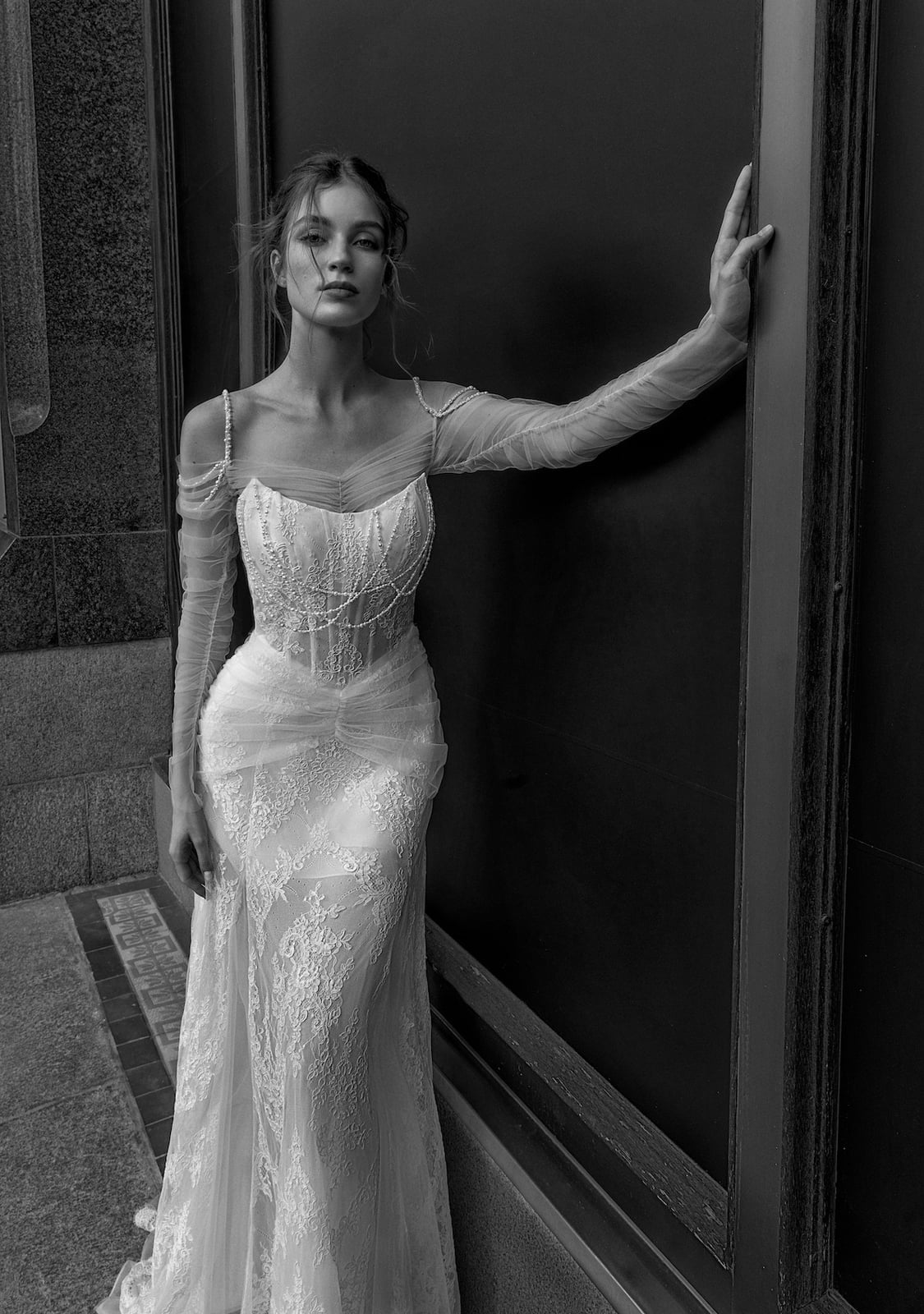 Ivory Sheath Wedding Dress with Lace and Sheer Embellished Sleeves Ivory Sheath Wedding Dress with Lace and Sheer Embellished Sleeves — Aesthetic Wedding Dress