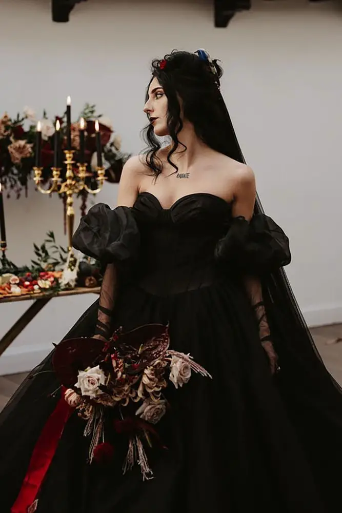 Black Ball Gown Wedding Dress with Sheer Puff Sleeves Black Ball Gown Wedding Dress with Sheer Puff Sleeves — Aesthetic Wedding Dress