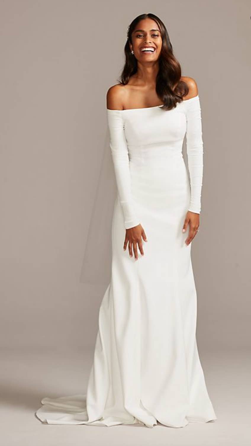 Ivory Sheath Wedding Dress with Off-The-Shoulder Long Sleeves and Veil Ivory Sheath Wedding Dress with Off-The-Shoulder Long Sleeves and Veil — Aesthetic Wedding Dress