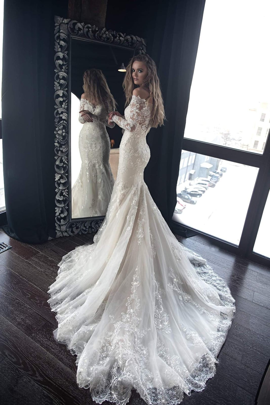 Ivory Mermaid Wedding Dress with Lace, Off-Shoulder Sleeves and Train Ivory Mermaid Wedding Dress with Lace, Off-Shoulder Sleeves and Train — Aesthetic Wedding Dress