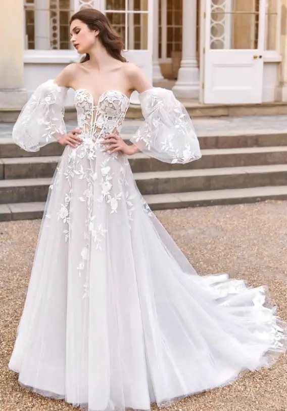White A-Line Wedding Dress with Floral Lace and Puffy, Close-Up Take White A-Line Wedding Dress with Floral Lace and Puffy, Close-Up Take — Aesthetic Wedding Dress