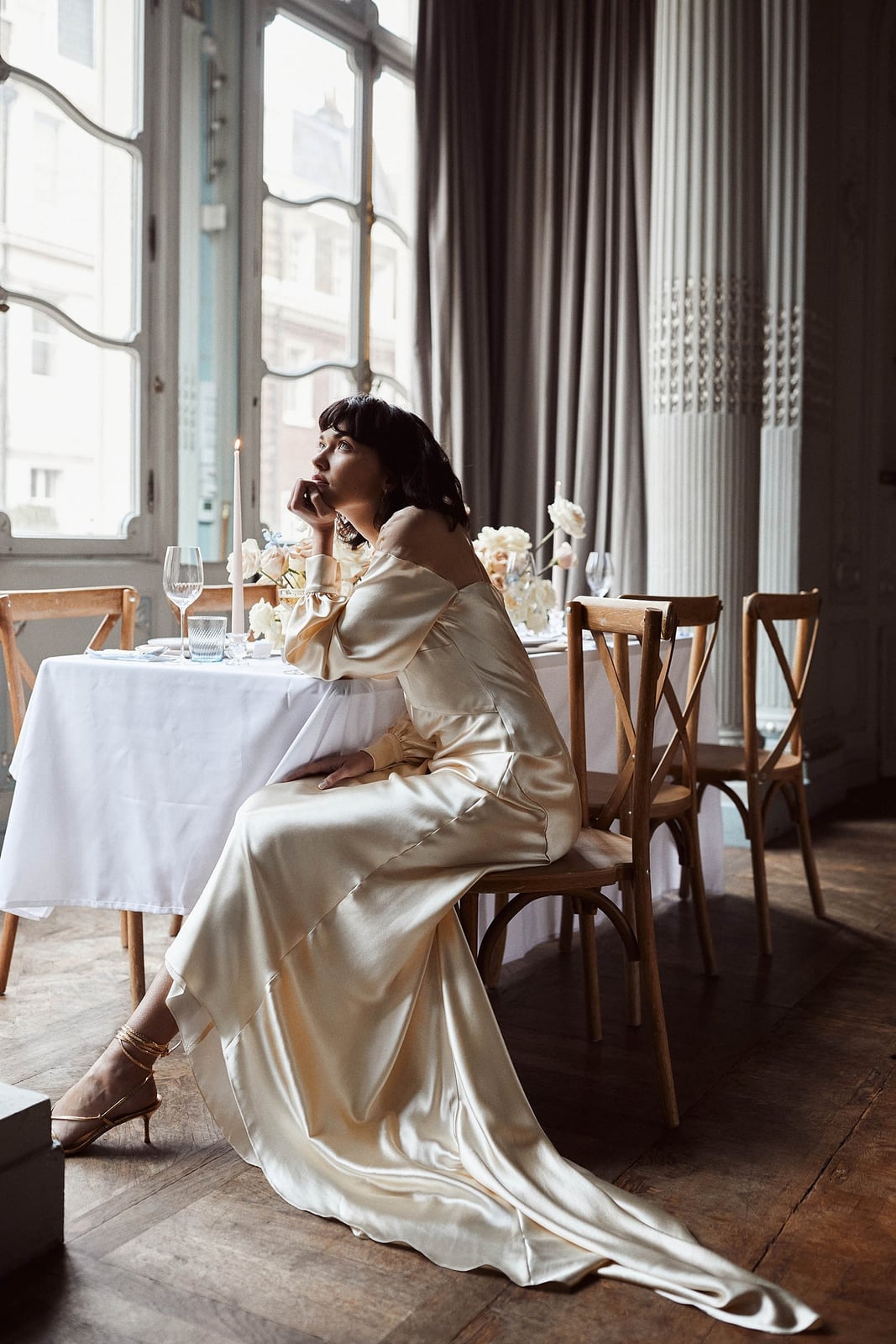 Champagne Satin Column Wedding Dress with Long Off-Shoulder Sleeves Champagne Satin Column Wedding Dress with Long Off-Shoulder Sleeves — Aesthetic Wedding Dress