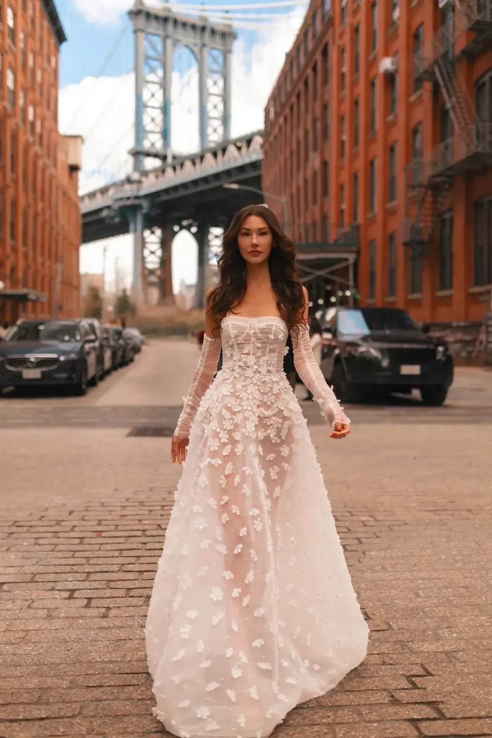 White Wedding Dress with Sheer Floral Applique Sleeves and A-Line White Wedding Dress with Sheer Floral Applique Sleeves and A-Line — Aesthetic Wedding Dress