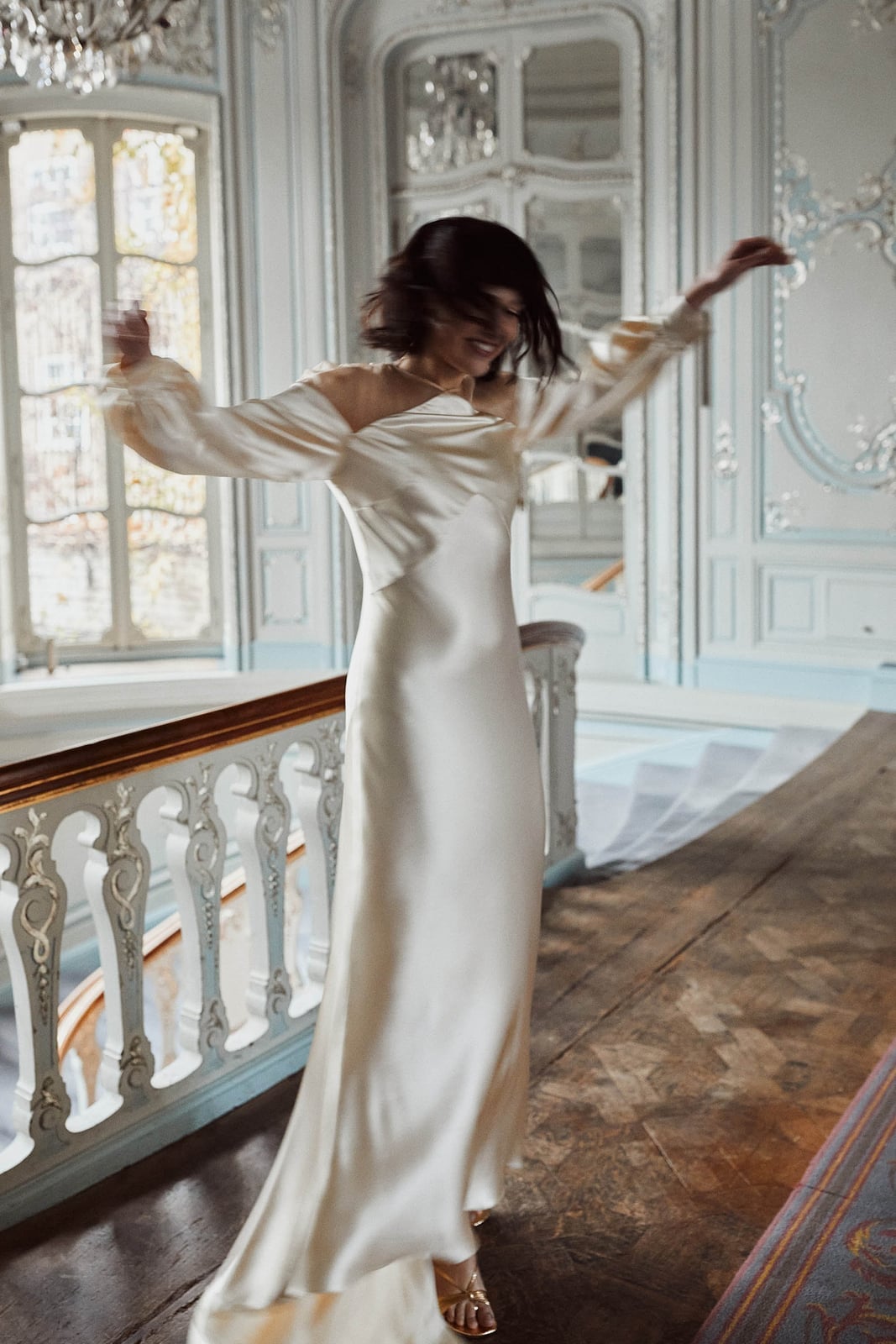 Ivory Silk Bias-Cut Wedding Dress with Asymmetrical Sheer Neckline Ivory Silk Bias-Cut Wedding Dress with Asymmetrical Sheer Neckline — Aesthetic Wedding Dress