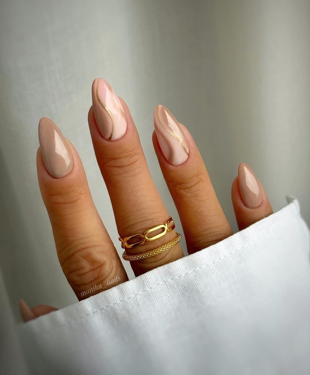 Medium Almond Beige Gold Line Nails — Best Chic Nails