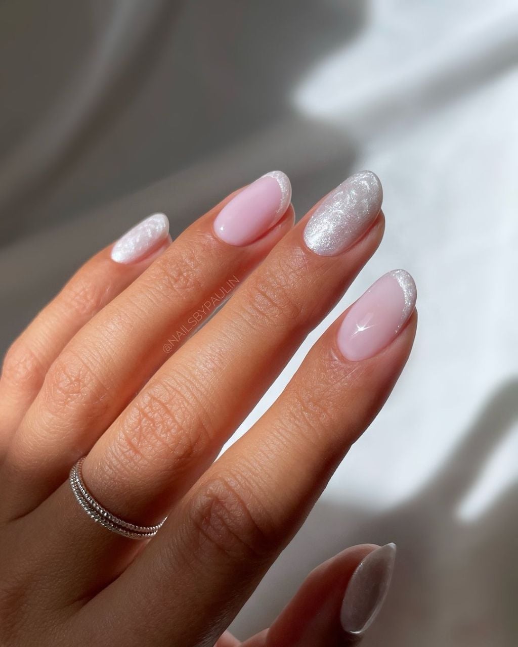 Short Almond Pale Pink Glitter French Nails, Close-Up Take — Best Chic Nails