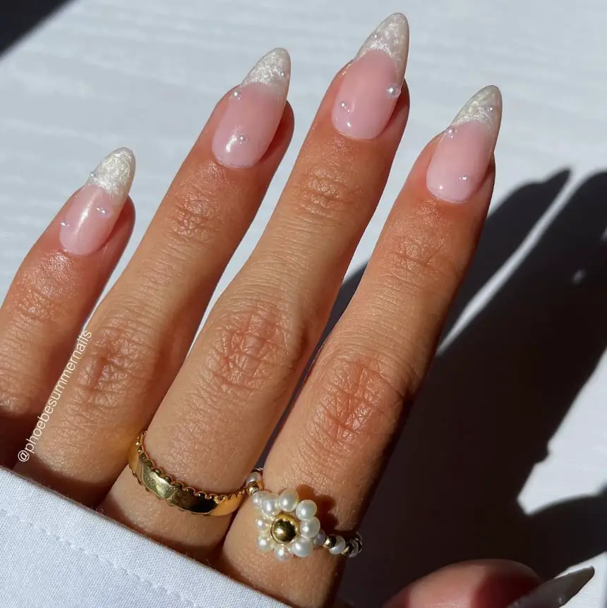 Long Almond Pearl French Tip Nails — Best Chic Nails