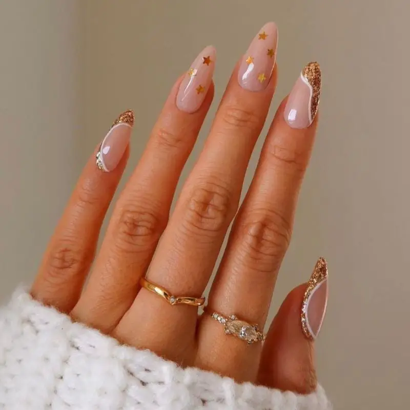 Long Almond Star Glitter French Nails — Best Chic Nails