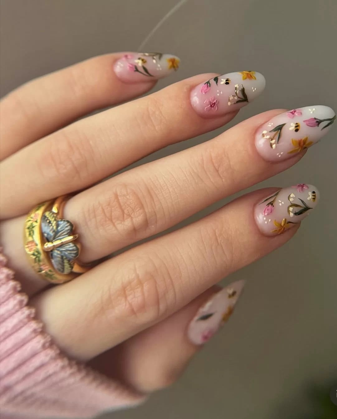 Long Almond Floral Nude Nails — Best Chic Nails