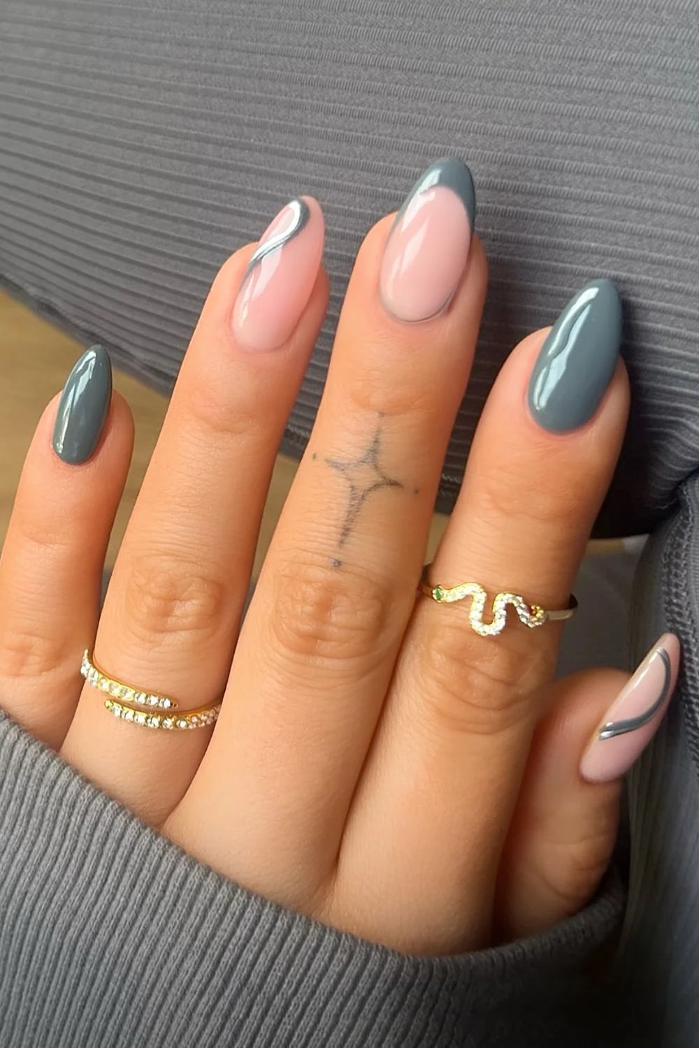 Medium Almond Gray French Silver Line Nails Medium Almond Gray French Silver Line Nails — Best Classy Almond Nails