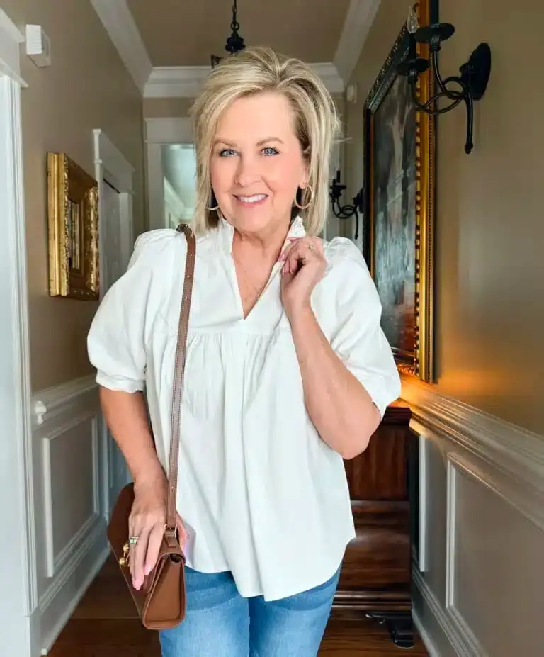 White Puff-Sleeve Blouse and Light Blue Jeans White Puff-Sleeve Blouse and Light Blue Jeans — Best Classy Outfits