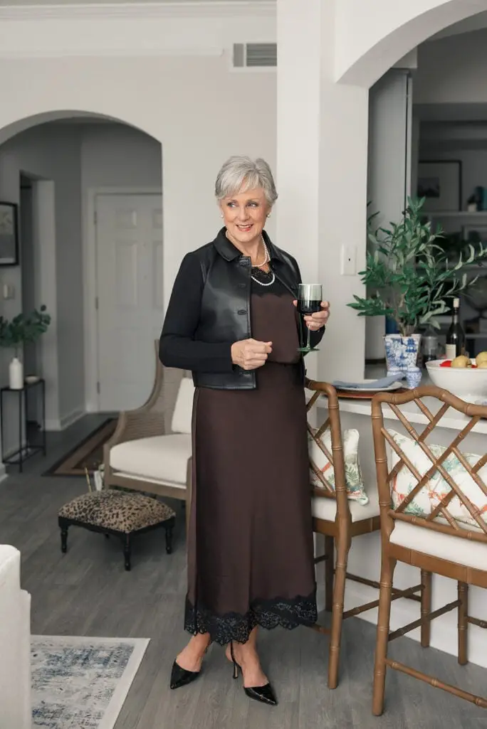 Brown Slip Dress and Black Cropped Jacket Brown Slip Dress and Black Cropped Jacket — Best Classy Outfits