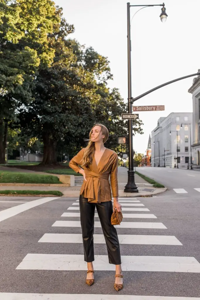 Brown Wrap Blouse and Black Faux Leather Trousers Brown Wrap Blouse and Black Faux Leather Trousers — Best Classy Outfits