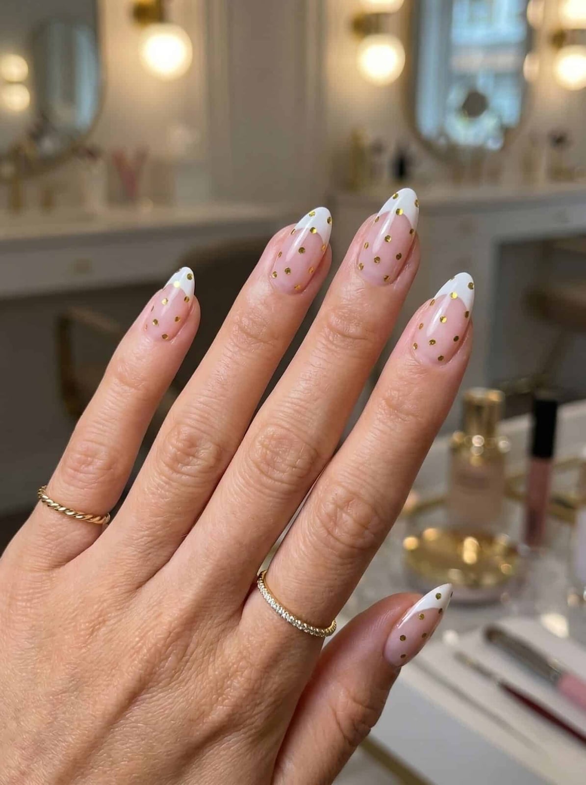 Short Almond French Tips with Gold Polka Dots — Best Cute Almond Nails