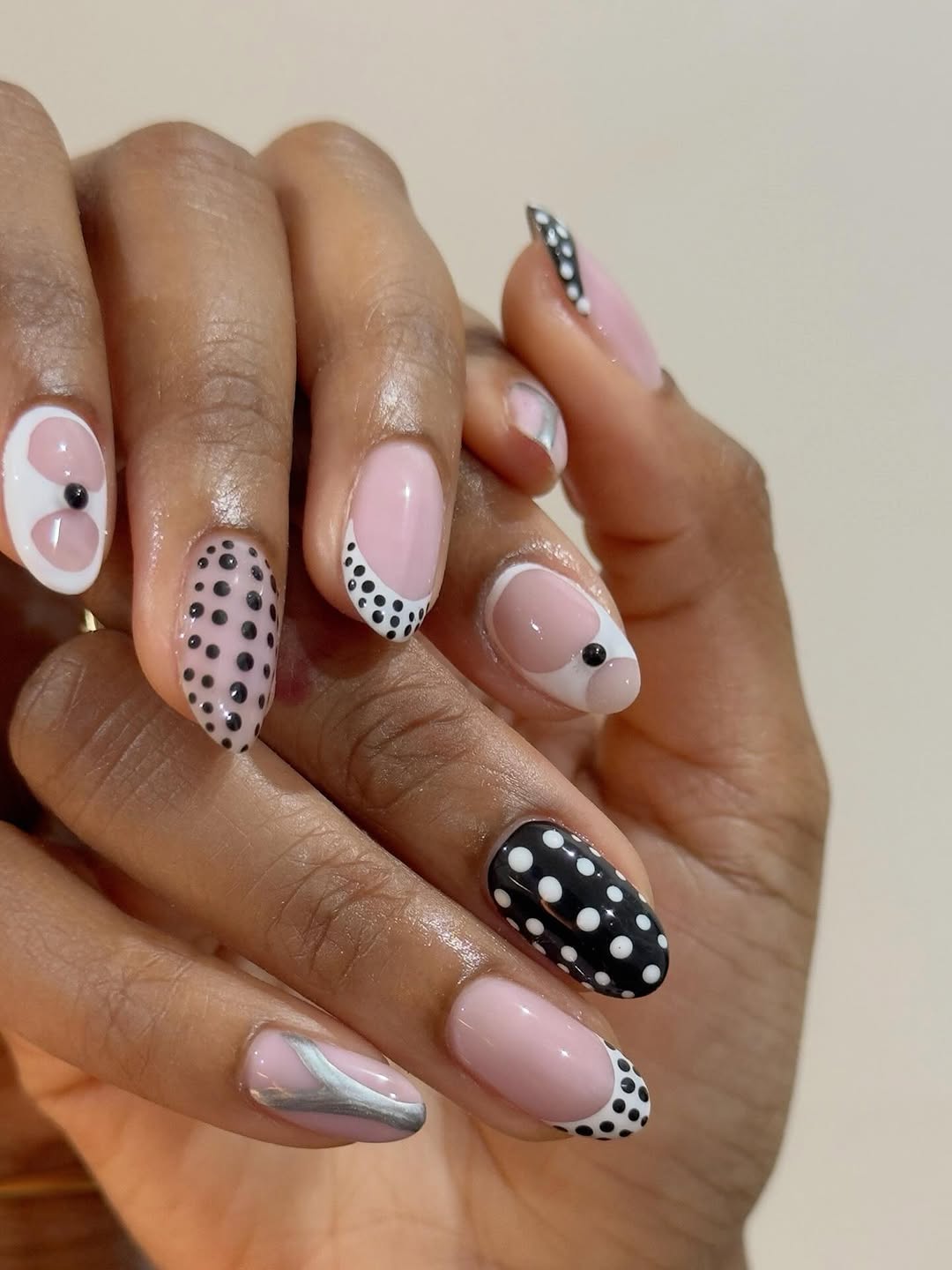 Short Almond Nails with Abstract Pink, White, and Blue Motifs — Best Cute Almond Nails