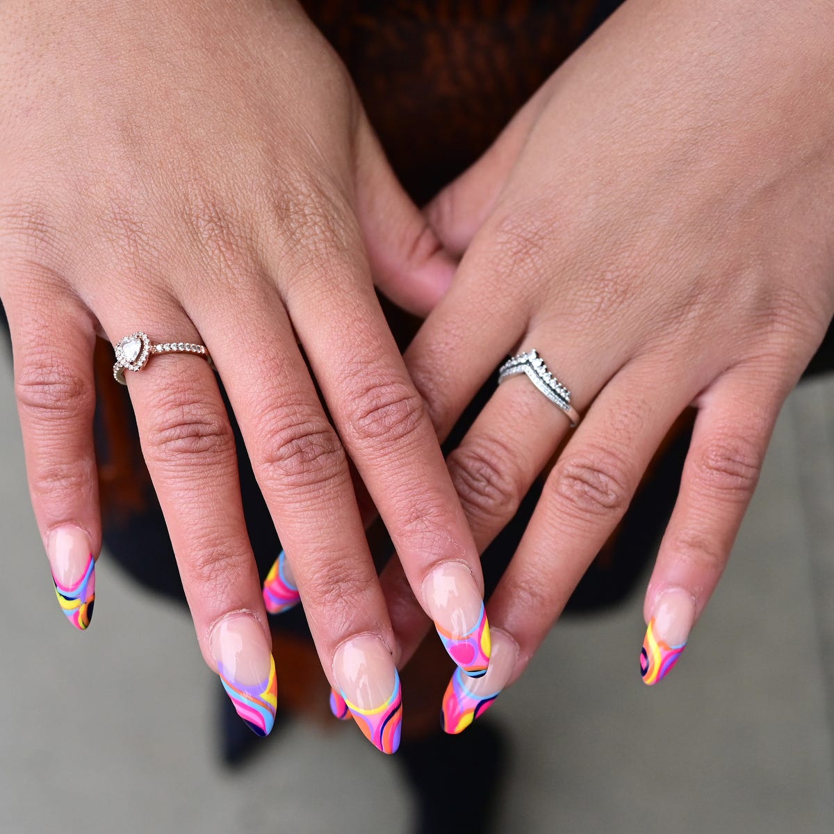 Long Almond Nails with Abstract Colorful French Tips — Best Cute Almond Nails