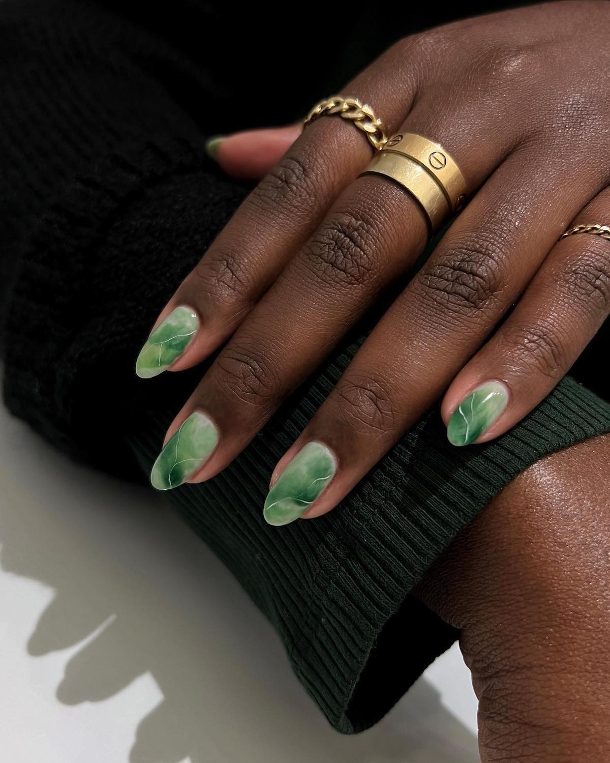 Medium Almond Nails with Marbled Green Jelly Finish — Best Cute Almond Nails