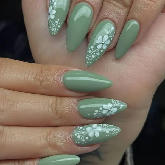 Long Almond Nails with White Floral and Vine Designs — Best Cute Almond Nails