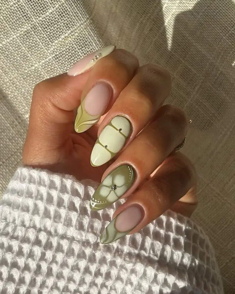 Long Almond Nails with Sage Green Swirls and Floral Motif — Best Cute Almond Nails