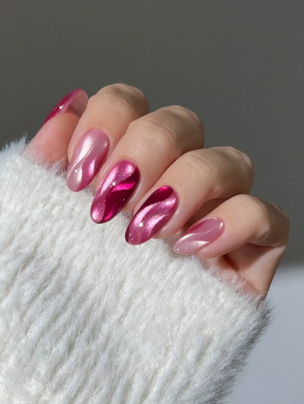 Vibrant Metallic Pink Swirls Medium Almond Nails — Best Cute Almond Nails